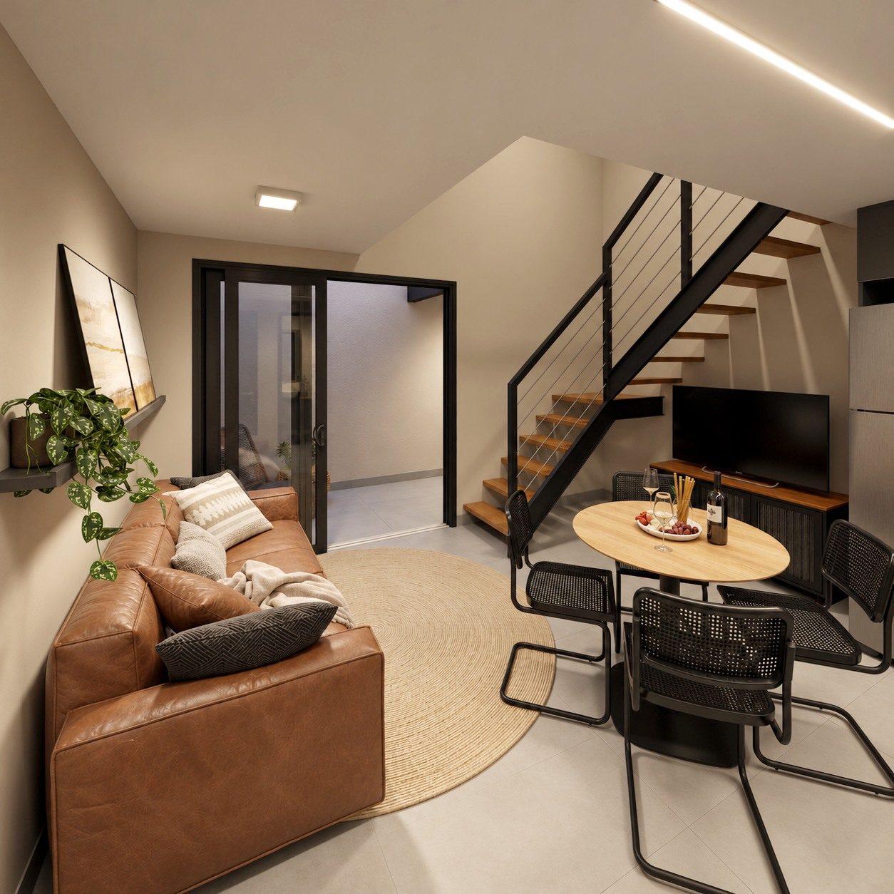 Estar e jantar do loft com escada para o mezanino